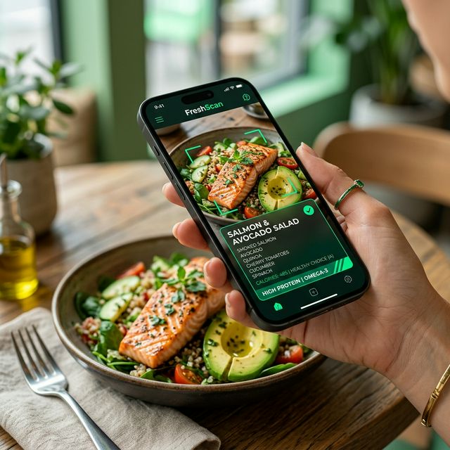 Smartphone escaneando prato de comida com IA