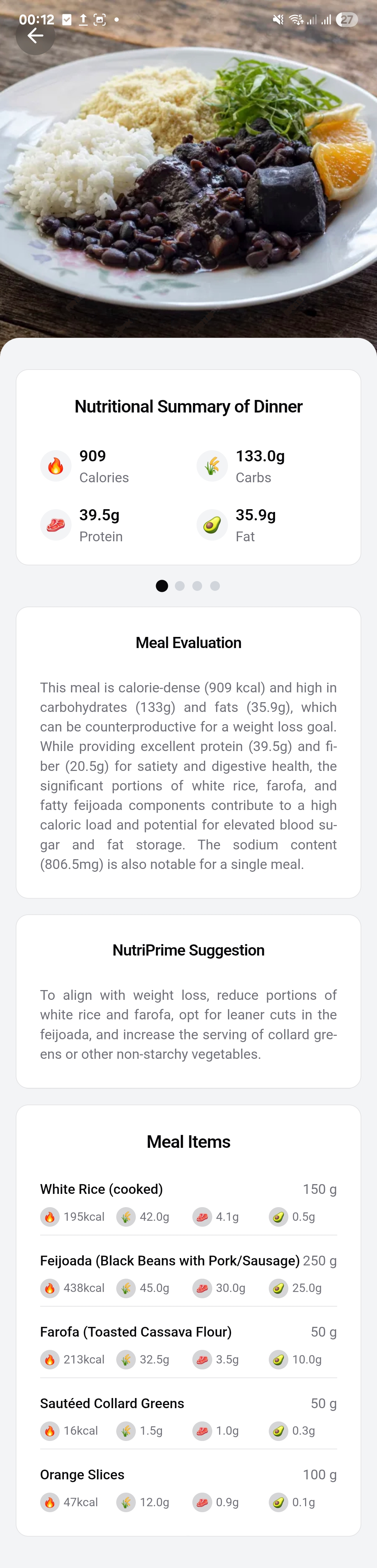 Scanner de alimentos do Nutriprime identificando arroz e feijÃ£o por foto